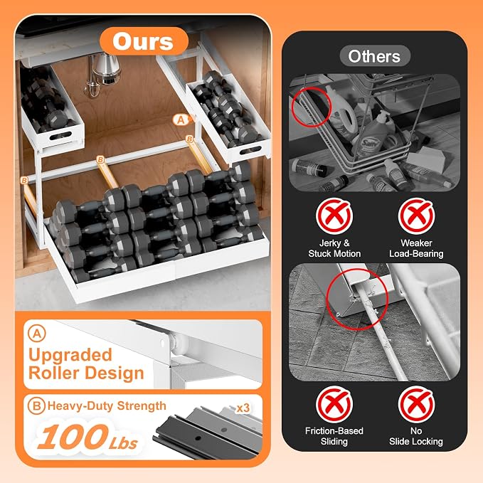 Upgrade 1 Pack Expandable Under Sink Organizer: 2-Tier Pull Out Cabinet with 3 Heavy-Duty Ball-Bearing Slide Rails, Tool-Free Height Adjustable, Slide-Out Drawers for Kitchen, Bathroom, Laundry