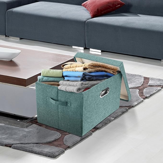 Large Storage Bins with Lids, Collapsible, Washable, Fabric Storage Boxes for Organizing, 17.3x11.8x11.4 inches, 5 Pack, Aqua Deep