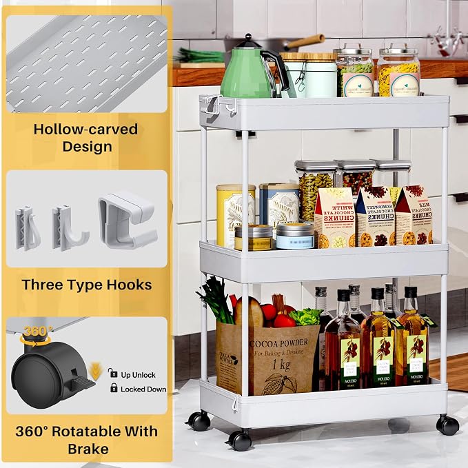 SPACEKEEPER 3 Tier Rolling Cart, Bathroom Cart Organizer with Wheels, Gray | Mobile Storage Cart for Laundry Room Organization,Kitchen,Office,Bathroom, Utility Cart for Snack,Craft,Art,Makeup,Nail,Toys