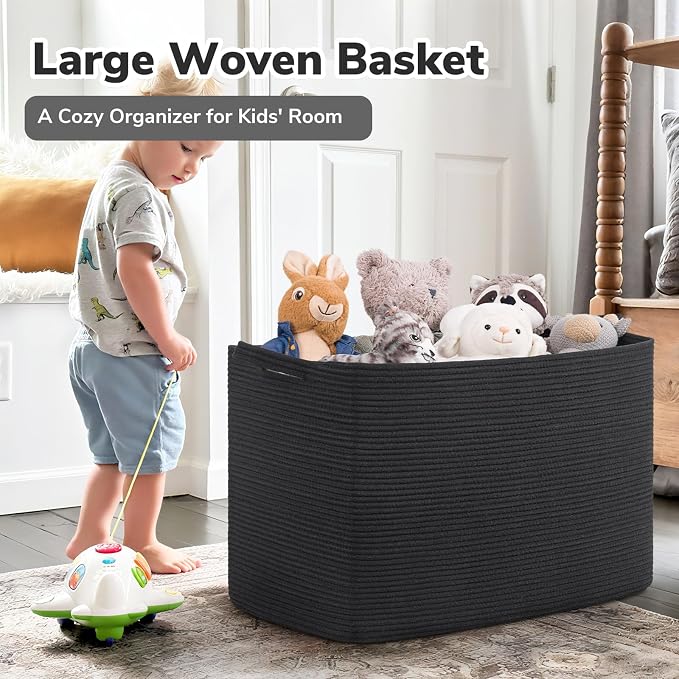 Goodpick 105L Extra Large Woven Blanket Basket, Cotton Rope, Black | 25 x 16 x 16 in, Rectangle, Living Room, Bedroom & Nursery Organization, Blankets, Pillows, Toys & Clothes Storage