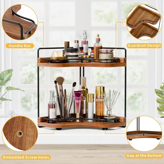 2-Tier Corner Bathroom Counter Organizer, Larger Size | Embedded Screw Holes, Sturdy & Stable, Oversized, Holds More, Vanity Shelf for Makeup & Skincare