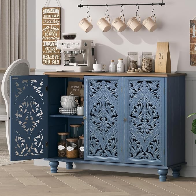 JOINICE 42.5" Accent Storage Cabinet with 3 Carved Doors,Blue & Walnut | Versatile Storage for Living Room & Dining Room & Bedroom & TV Stand, Solid Wood Legs, Farmhouse/Rustic Style, Easy Assembly