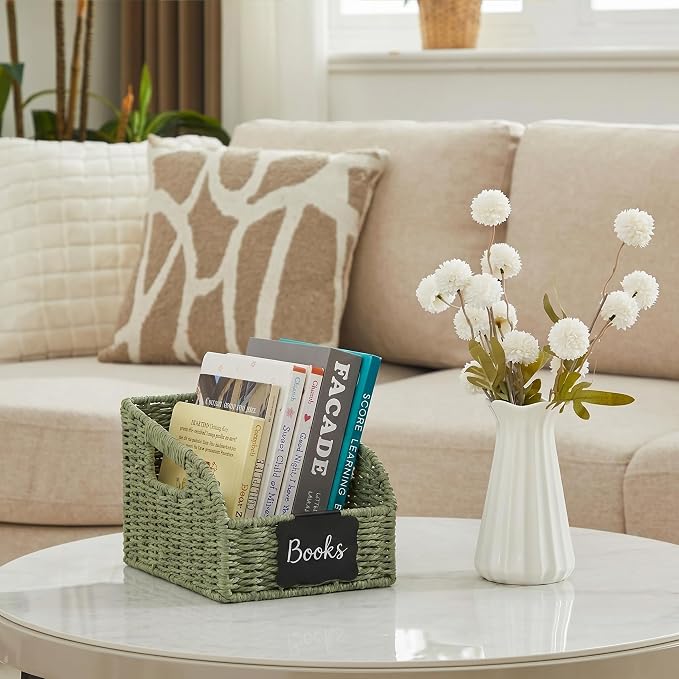 Pantry Organizers, Handwoven Large Wicker Baskets for Shelves, Labeled Storage Baskets for Organizing with Handles - Paper Storage Bins for Shelves, 3 Pack, Green