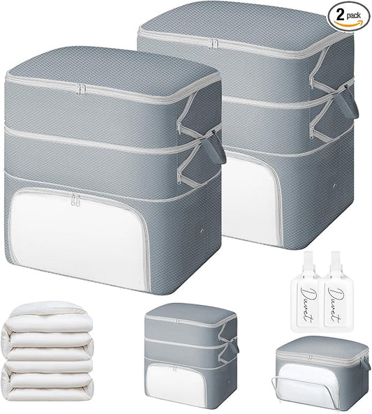 Comforter Storage Bag - 130L Blanket Storage Bags Front-opening Ultra Space Saving Self Compression Organizer, Washable Compression Bags for Storage Comforter Blanket, 2 Pack, Grey