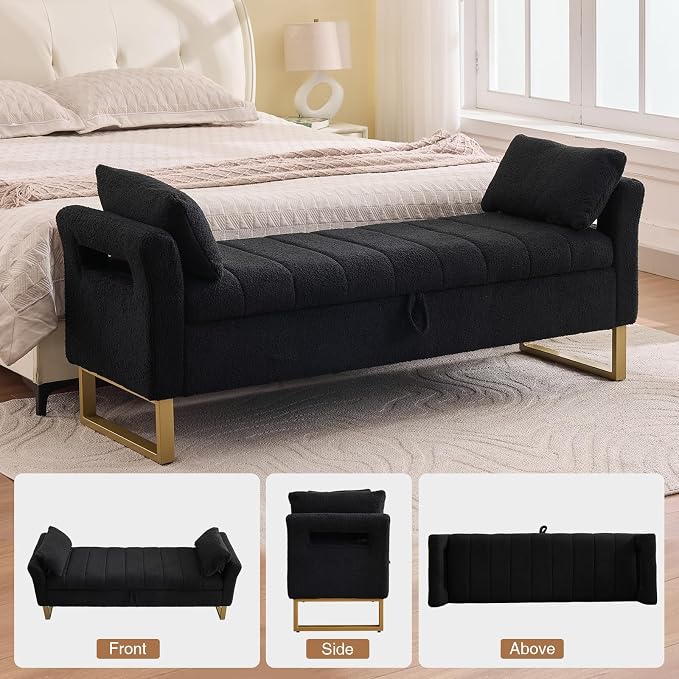 66" Storage Bench for Bedroom Upholstered End of Bed Bench King Size Black | Long Bedroom Benches for Foot of Bed King,Teddy Storage Bed Bench with Gold Legs,2 Pillows for Entryway Windows Cloakroom