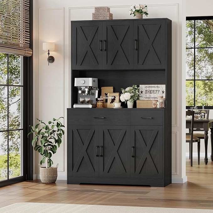 HOSTACK 71" H Kitchen Pantry Storage Cabinet,Farmhouse Hutch Cabinet, Black | Space-Saving Pantry Cabinet with Charging Station & 2 Large Drawers & Adjustable Shelves, Tall Kitchen Hutch for Dining Room