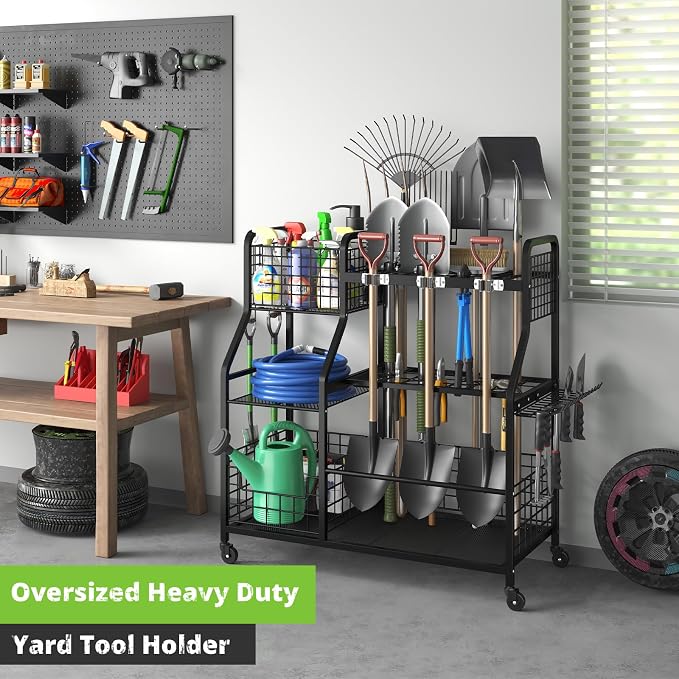 keomaisyto Garden Tool Holder Organizer with Heavy Duty Wheels for Garage | Large Yard Tool Organizer with 2 Baskets, Utility Garden Tool Rack for/Shed/Garage/Yard/Basement/Lawn