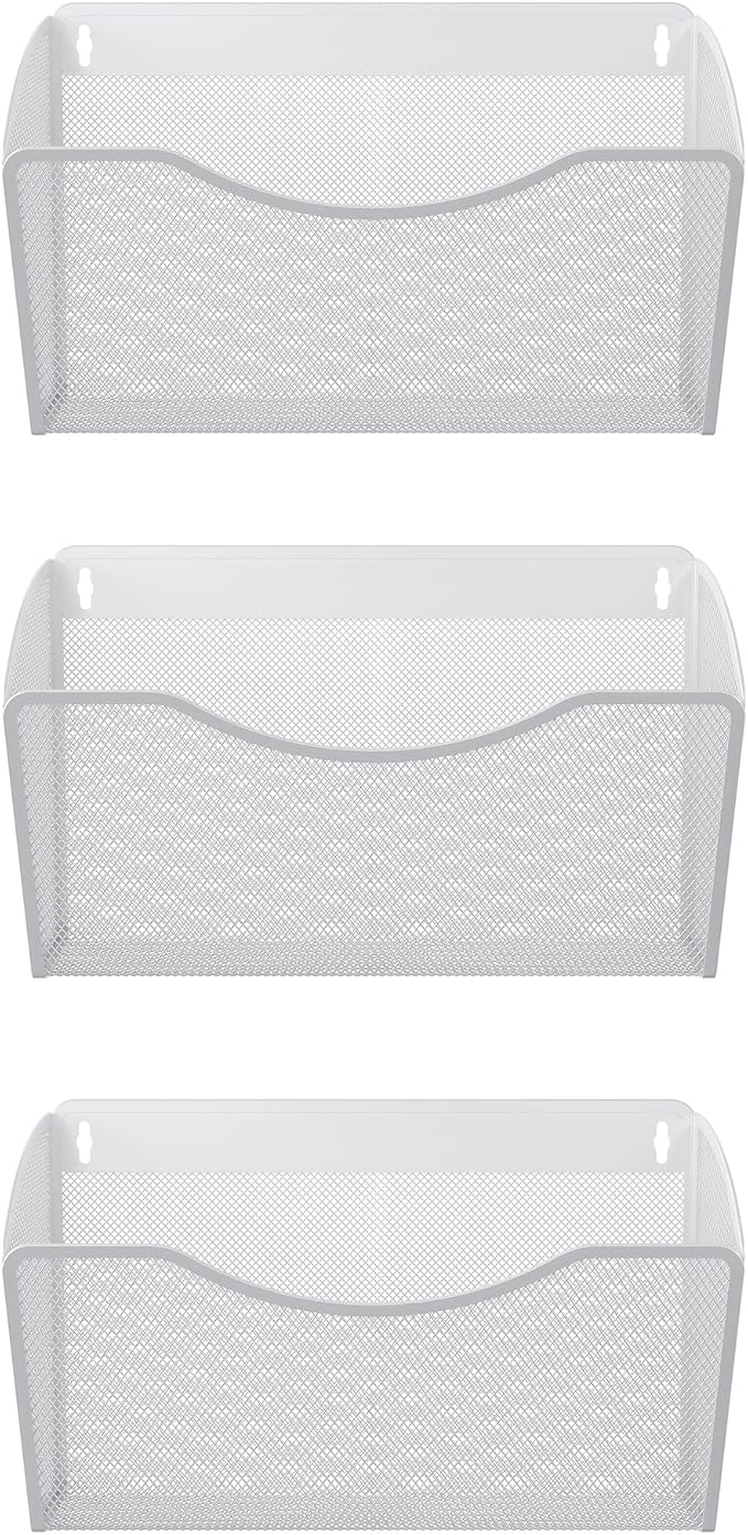 EasyPAG Wall File Organizer 3 Pack, Hanging File Organizer Wall Mount, Metal Mesh Folder Holder for Letter/A4 Papers, Mail Sorter for Office, Classroom, Home, White