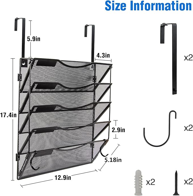 BOHDK Wall File Organizer 5 Pockets, Mail Organizer, Hanging Folder Holder, Foldable | Hanging or Wall Mounted | Label Panel | 2 Hooks | Office Home School Organizer, Black