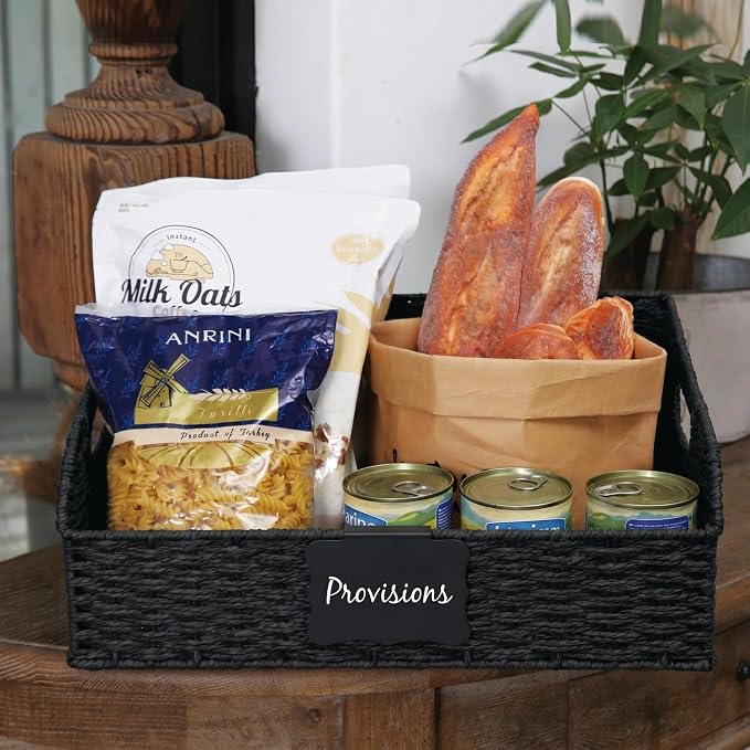 Pantry Organizers, Handwoven Large Wicker Baskets for Shelves, Labeled Storage Baskets for Organizing with Handles - Paper Storage Bins, Boho Decorative, 3 Pack, Black