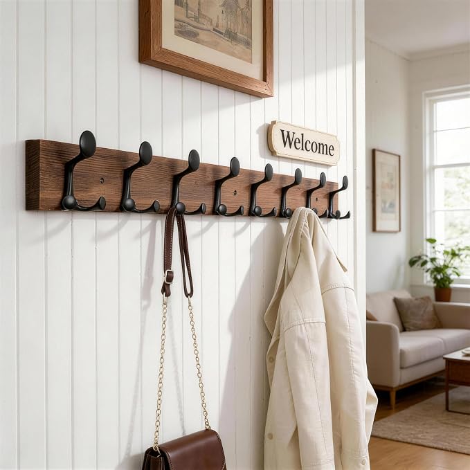 WEBI Coat Rack Wall Mount,43" Solid Wood Coat Hooks Wall Mounted Coat Hanger,16" Hole to Hole,Heavy Duty Hook Rack,8 Triple Hooks for Hanging Coats,Jacket,Hat,Backpack,Farmhouse,Brown