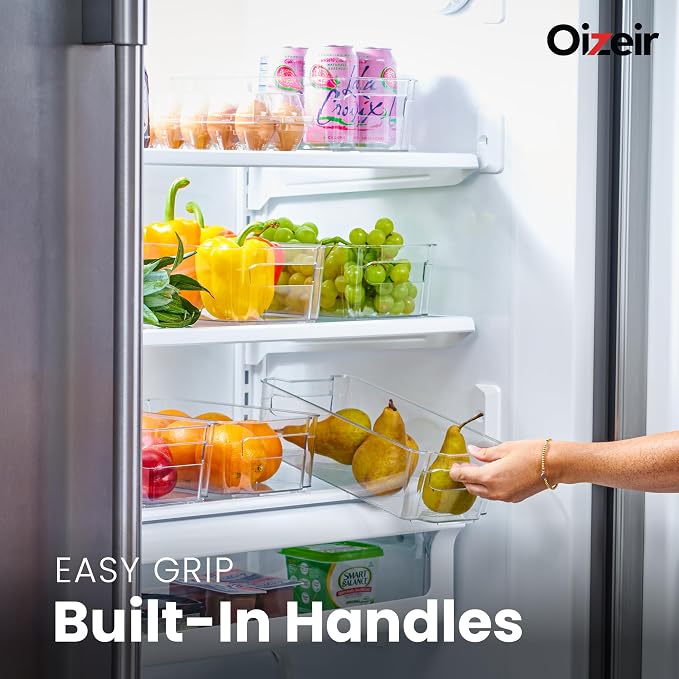 Oizeir 8 Pack Clear Plastic Storage Bins with Handles – Stackable Fridge Organizer Bins for Refrigerator, Freezer, Pantry, Kitchen Cabinet & Cupboard Organization, BPA-Free Acrylic, Transparent