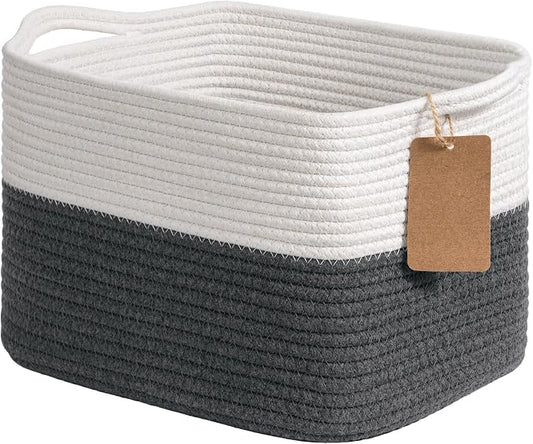 Goodpick Small Cotton Rope Baskets for Organizing, Dark Gray | 13 × 10 × 9 in, Rectangle, Reinforced Handles, Shelf & Nursery Organization, Baby Toys, Books & Towels Storage