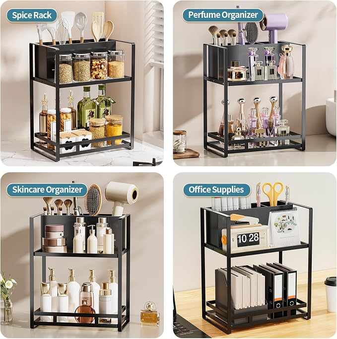 Bathroom Counter Organizer, Metal Vanity Shelf with Hair Dryer Holder | 2-Tier Hair Tool Organizer, Large Capacity Space-Saving, For Perfume,Skincare & Makeup Storage, Black