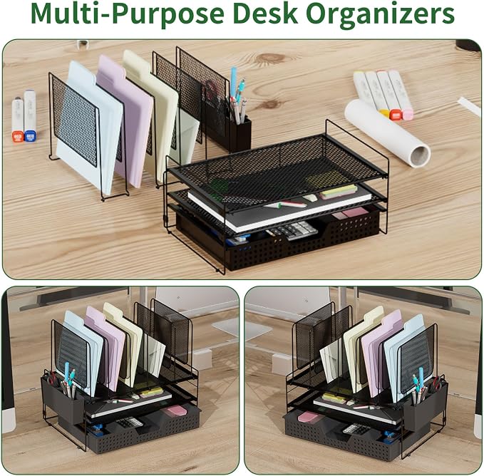 LEKETREE Desk Organizer, Office Organization with Vertical File Holder, File Organizer with Drawer and Pen Holder, Desk Accessories and Workspace Organizers for Home Office (Black)