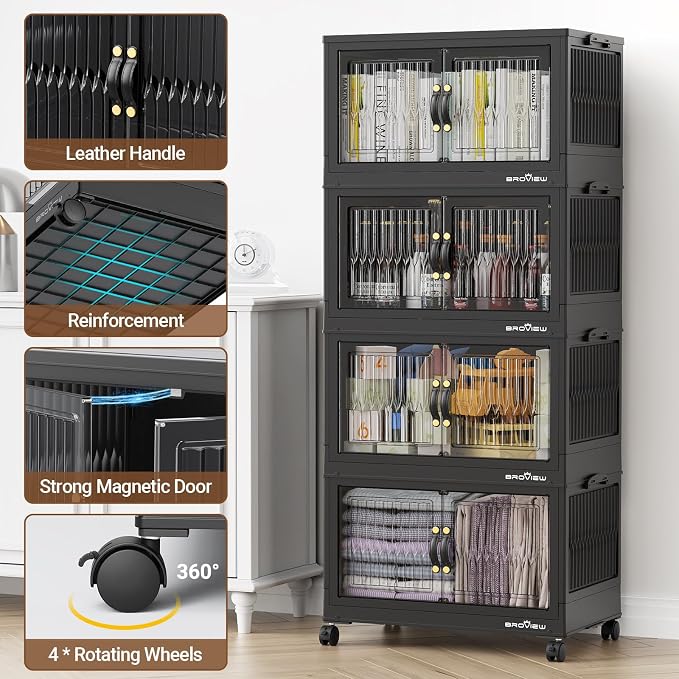 BROVIEW 320 Qt Stackable Storage Bins with Lid, Plastic Closet Organizers and Storage Drawer, Collapsible Storage Box with Wheels, Folding Storage Cabinet for Closet Clothes Organization, 4Pack Black