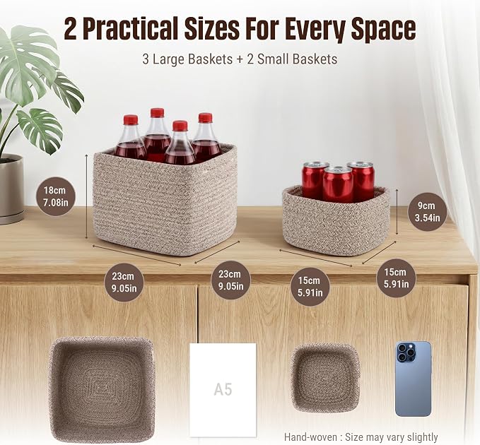 5-Pack Storage Cubes Woven Rope Baskets, 2 Sizes Organizer Bins | Ideal for Closet, Shelf, Bookshelf, Nursery, Changing Table, Cube Storage Bins, Storage Baskets for Bathroom Toy & Home