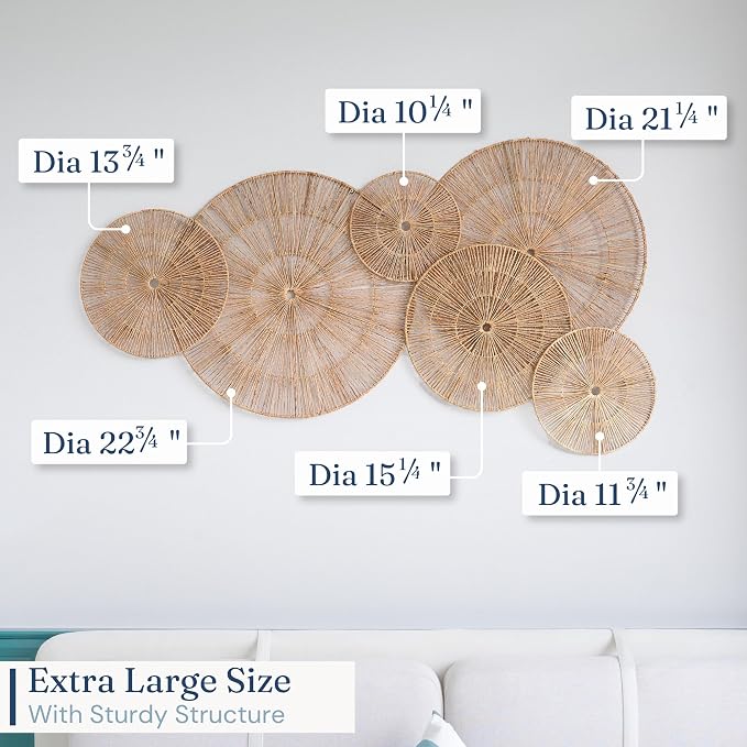 CHI AN HOME Wicker 23 Inch Jute Wall Decor Baskets, Set of 6 Extra Large Woven Jute Wall Plates, 23",21",15",13",12,10", Decorative Baskets for Wall Arts, Wall Hanging for Bedroom, Living Room, Office | 23", 21", 15", 13", 12", 10" Natural Handwoven Ju...