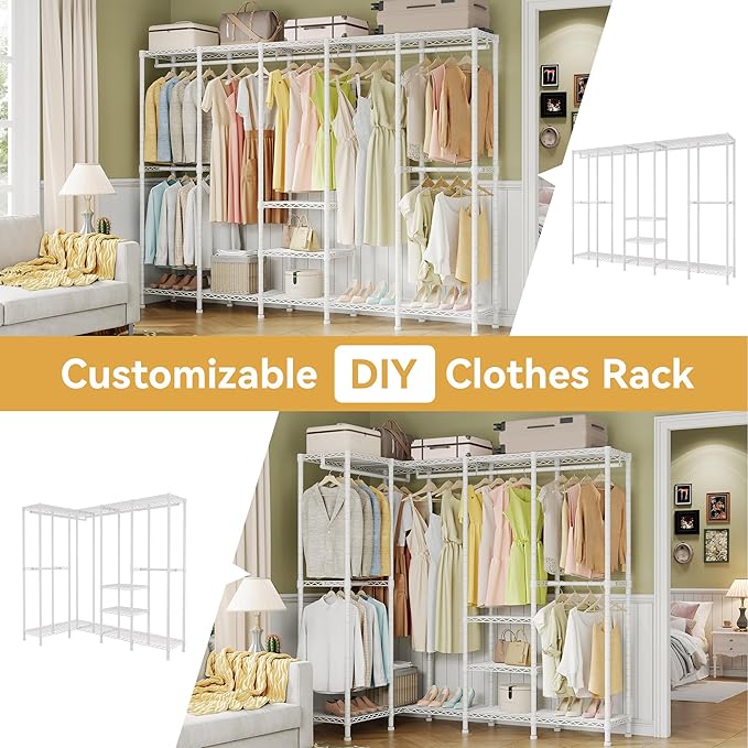 Higeego H5 Clothing Rack for Hanging Clothes, Heavy Duty Closet Rack, White | Large Garment Rack, 93.3"Wx15.7"Dx75.4"H, Freestanding Wardrobe Closet, with Adjustable Shelf, Load 1400 lbs
