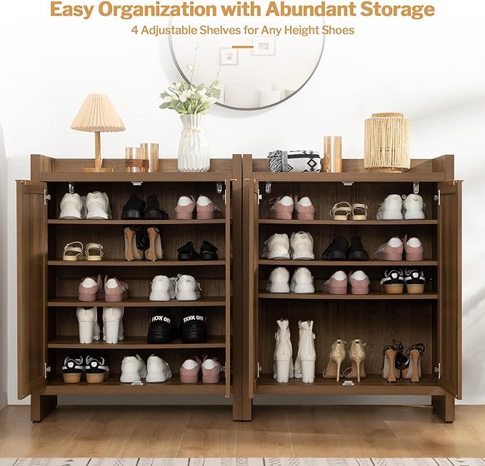 SICOTAS Shoe Cabinet Set of 3 Large Capacity Shoe Storage Organizer Cabinet | Tall Rattan Shoe Cabinet with Doors and Shelves, 6-Tier Farmhouse Boho Wooden Storage Cabinet for Entryway Hallway