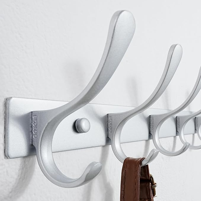 SKOLOO Coat Rack Wall Mounted - 6 Hooks, Heavy Duty, Stainless Steel, Metal Wall Hangers, Sturdy Coat Hooks for Hanging Coats, Jacket, Clothes, Hat, Cold Light Silver
