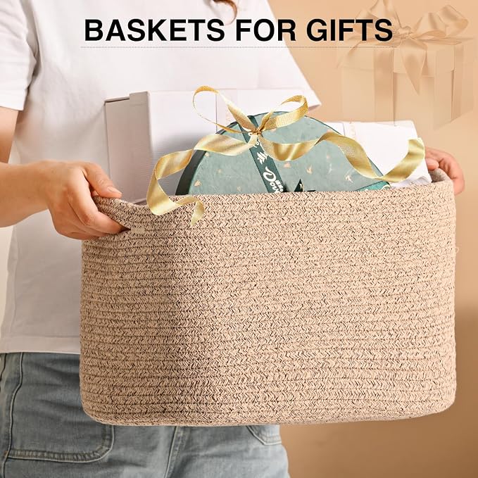 ICERZCZ Woven Cotton Rope Storage Basket for Organizing, Cute Decorative Baskets for Gifts Empty, Organizer Bins for Dog Toy, Baby Laundry, 17“×13”×9.5“, Brown