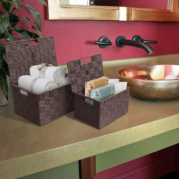 Sorbus Set of 3 Hand-Woven Storage Baskets with Lids – Decorative Wicker Organizers for Home, Closet, or Shelves (Choclate)