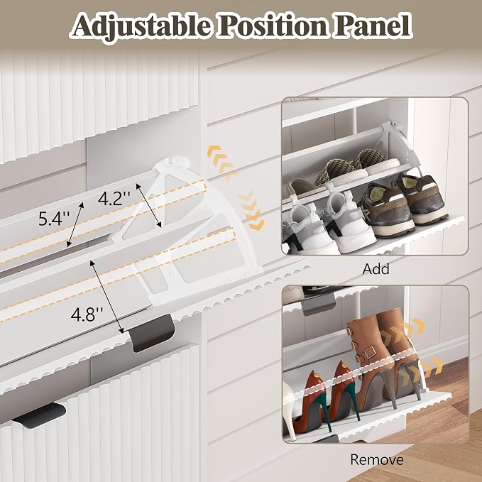 Shoe Cabinet Storage for Entryway with 3 Flip Drawers, Fluted Narrow Shoe Organizer with Wooden Legs, Freestanding Slim Shoe Storage Hidden Shoe Rack Organizer for Front Door Entrance, Hallway, White
