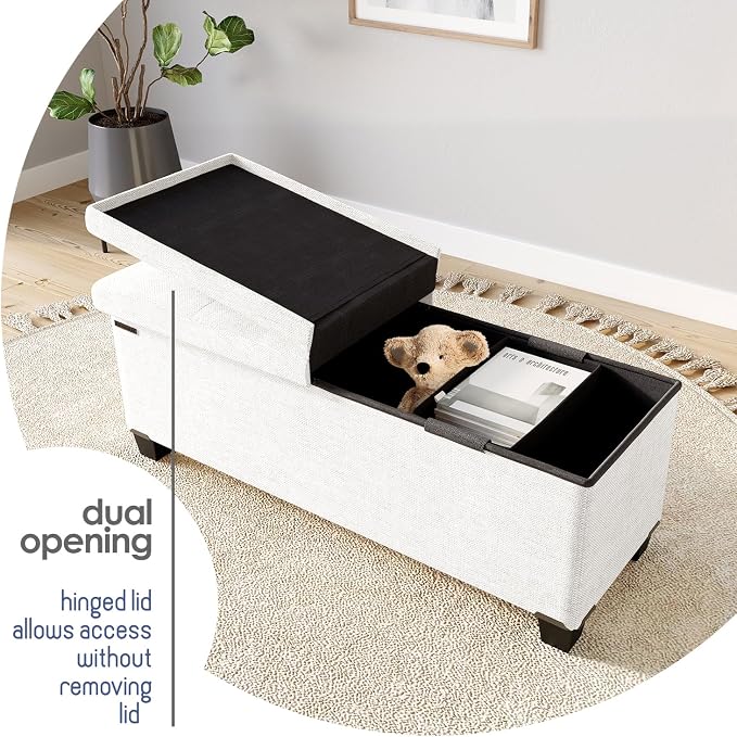 Storage Ottoman Bench with Bins, 43-in Storage Bench for Bedroom End of Bed, Folding Foot Rest Ottoman for Living Room Max 660lbs, Fabric Ottomans, Beige