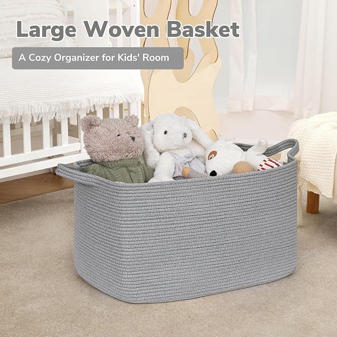 Goodpick Large Toy Storage Basket, Woven Rope Organizer, Gray | 21.6 x 14.9 x 11.8 in, Reinforced Handles, Living Room, Bedroom & Nursery Organization, Toys, Blankets & Towels Storage