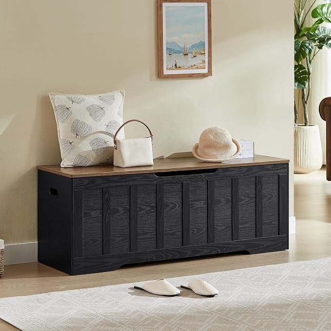 VANKILEY 51.2" Storage Chest Extra Large,Wooden Storage Bench,Black+Brown | Chest with 2 Safety Hinges, 51.2*15.7*19.1inches, Wooden Trunk for Bedroom, Livingroom,Entryway,Easy Assembly.