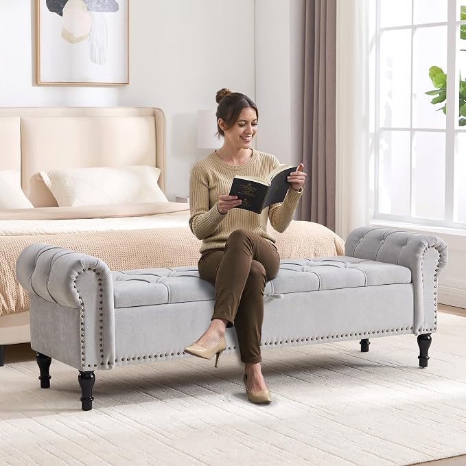 Storage Bed Bench for Bedroom, Chenille 67" End of Bed King Size Benches with Armrest, Tufted Button Upholstered Ottoman Bench for Living Room, Entryway, Silver Grey