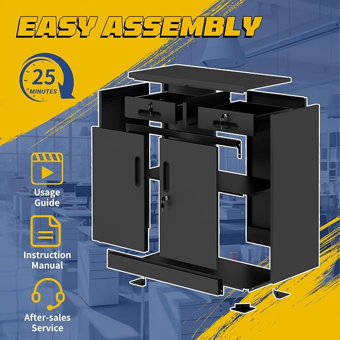 Metal Storage Cabinet with 2 Drawer, 35" Office Storage Cabinets | Garage Storage Cabinet Adjustable Shelves Locking Tool Cabinet Utility Cabinets for Bathroom,Kitchen,Home Office,School,Shop