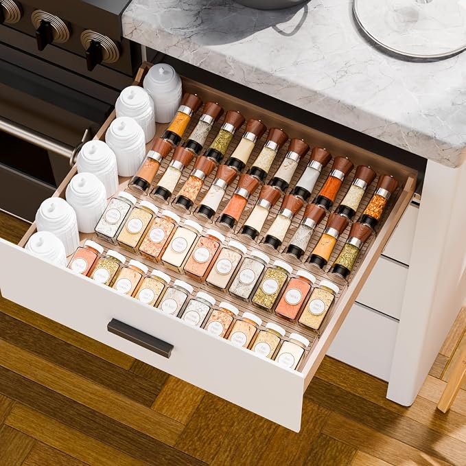 8 Pack Adjustable Narrow In Drawer Spice Organizer - Expandable From 9'' to 17.7'' - Acrylic Drawer Seasoning Organizer,Clear Spice Drawer Insert Tray for Drawers Condiment,Jar Organization