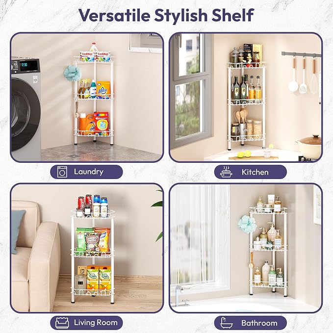 SWTYMIKI Standing Shower Caddy Corner - 3‑Tier Stainless Steel Shower Organizer Shelf with 12 Hooks and Adhesive Pads, Rustproof Corner Shelves Stand Rack for Bathroom Shower Room, white