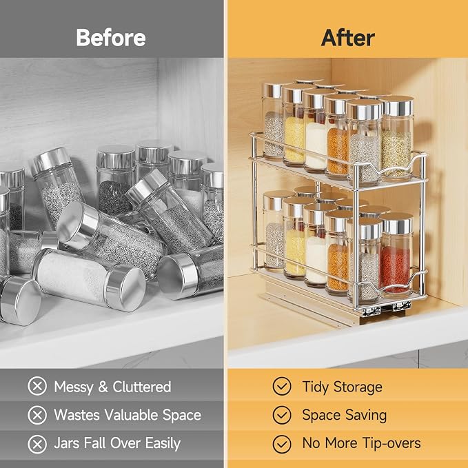 MUDEELA 2 Pack Pull Out Spice Rack for Inside Cabinet, 2 Tier Chrome Spice Organization for Cabinet, Vertical Sliding Out Spice Rack Organizer for Seasoning, 10.4''D×4.8''W×9.3''H