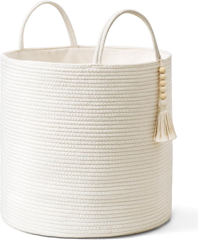 Mkono Tall Laundry Basket Woven Decorative Rope Storage Basket Wooden Bead Decoration for Blankets Toys Clothes Shoes Organizer Bin with Handles Living Room Home Decor, 15" W x 17.7" L, White | White, Cotton, Decorative Basket with Handle, Wood Beads T...