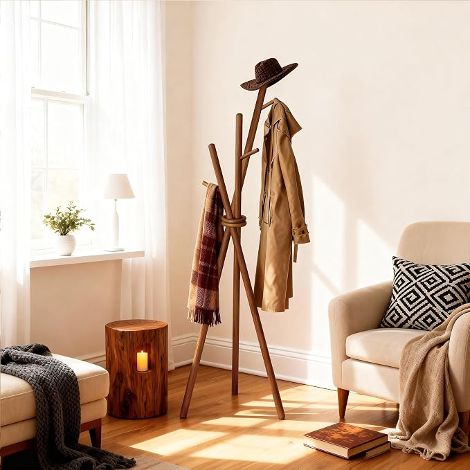 VICITON Wooden Coat Rack, Tripod Coat Tree Freestanding with 3 Hooks for Clothes, Hats and Handbags, Coat Hanger Stand for Bedroom, Living Room, Entryway (Dark)