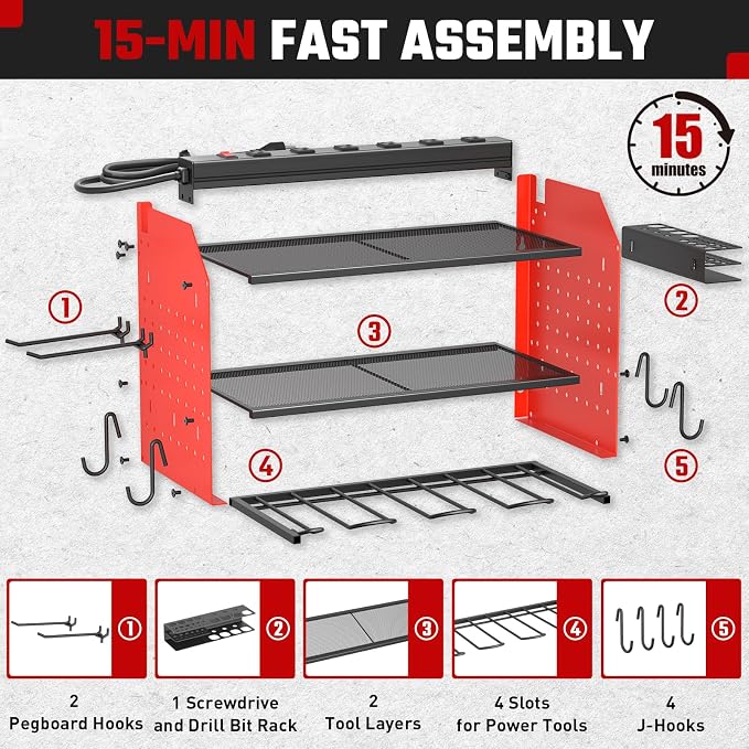 Power Tool Organizer Wall Mount 3 Layer Charging Station with 6 Outlets | Heavy Duty Tool Holder Storage Shelf Rack for Garage, Workbench and Workshop, Black, 4 Drill Holders and Drill Bit Rack, Red