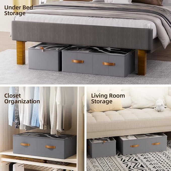 4 Pack Under Bed Storage Bins,10 Inch Tall, Light Gray, 31.5x15.8x10 inch | Underbed Clothes Storage Containers, Clear Window, For Closet, Bed Sheets and Blankets