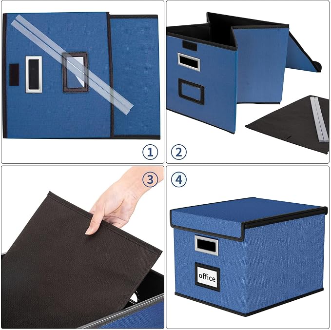 File Organizer Box with Lids, Collapsible File Folder Organizer | File Box with Plastic Slides for Document, Filing Bin for Letter Size Hanging File Folders (4 Pack, Royal Blue)