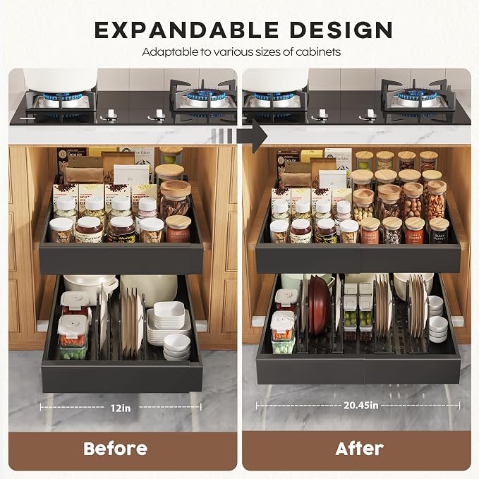 Seinloes 4Pack Expandable Pull Out Cabinet Organizer 21"Deep With Raising Pad for Framed Cabinets,Slide Out Drawers with 4pcs Divider Racks,Roll Out Shelves Adhesive,Adjustable Width 12.05"-20.4"Black
