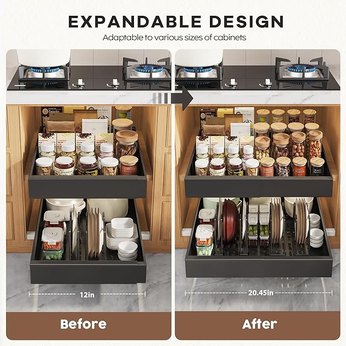 Seinloes 6 Pack Pull Out Cabinet Organizers 21" Deep With Raising Pad for Framed Cabinets, Expandable Slide Out Drawers with 4pcs Divider Racks, Roll Out Shelves, Adjustable Width 12"-20.45" Black
