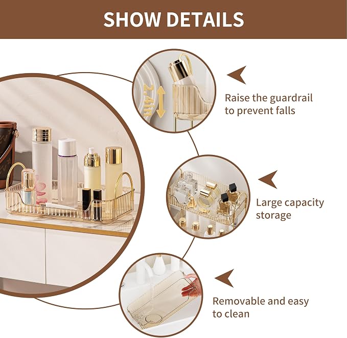 YCIA&DONE Bathroom Organizer Countertop, Makeup Storage, Skincare Cosmetic Tray Shelf, Perfume Holder Rack for Vanity Counter, Large Capacity, Easy to Install, Clean, 1 Tier, Amber Gold