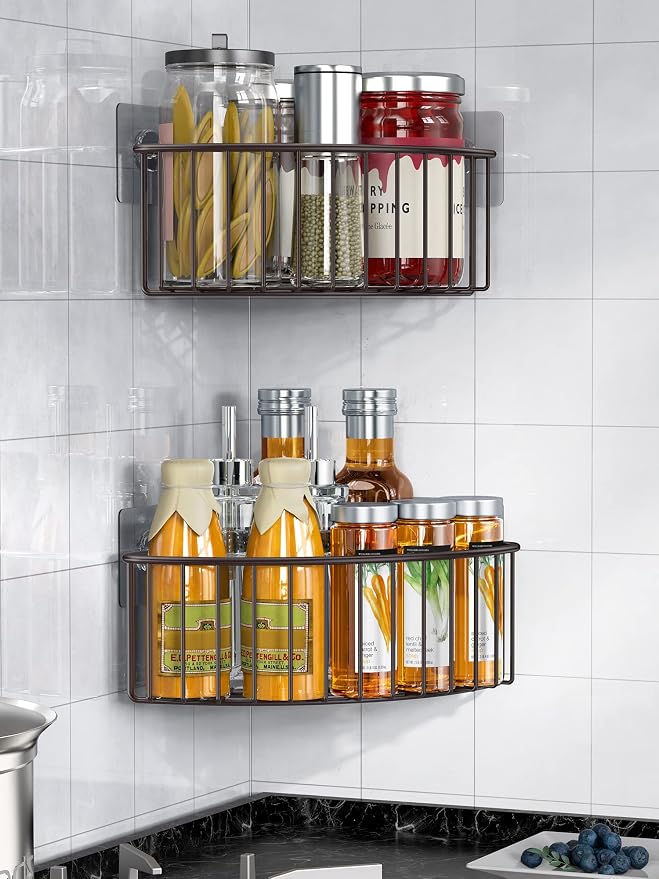 SMARTAKE 2-Pack Corner Shower Caddy Deep Basket, SUS304 Stainless Steel | Wall Mounted Bathroom Shelf with Adhesive, Storage Organizer for Toilet, Dorm and Kitchen, Bronze