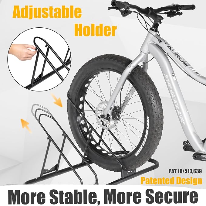 CyclingDeal Bicycle Floor Parking Rack Stand - for Mountain MTB Road Bike - Indoor Home Garage Storage - Adjustable for 3 Fat Bikes
