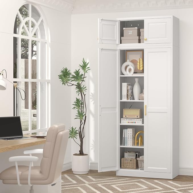 UNICOLY 86.6" Kitchen Pantry Cabinet, Pantry Storage Cabinet with Doors | Tall Storage Cabinet with 4 Shelves，Metal Kitchen Pantry for Kitchens, Living Room, Dinning Room, Assembly Required, White