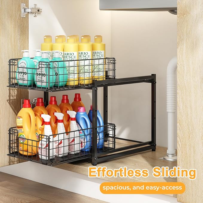 Under Sink Organizer, 2-Tier Pull Out Cabinet Organizer, Kitchen Bathroom Organizer and Storage, Spice Rack for Kitchen, Multi-use Sliding Drawers Shelves, Pack of 2