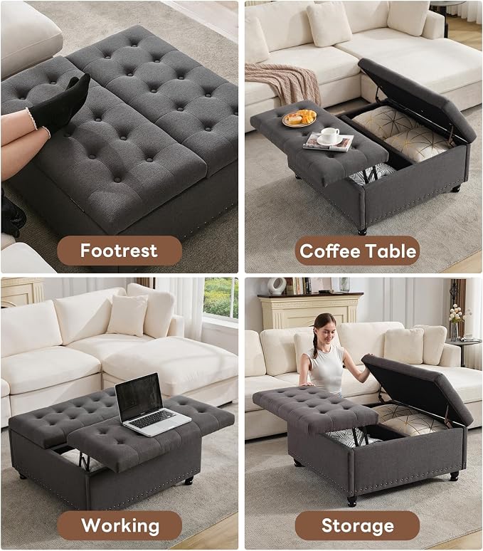 Tbfit Large Square Storage Ottoman Bench, Tufted Upholstered Coffee Table Ottoman with Lift Top & Wooden Legs, Oversized Storage Ottomans Toy Box for Living Room (Dark Grey)
