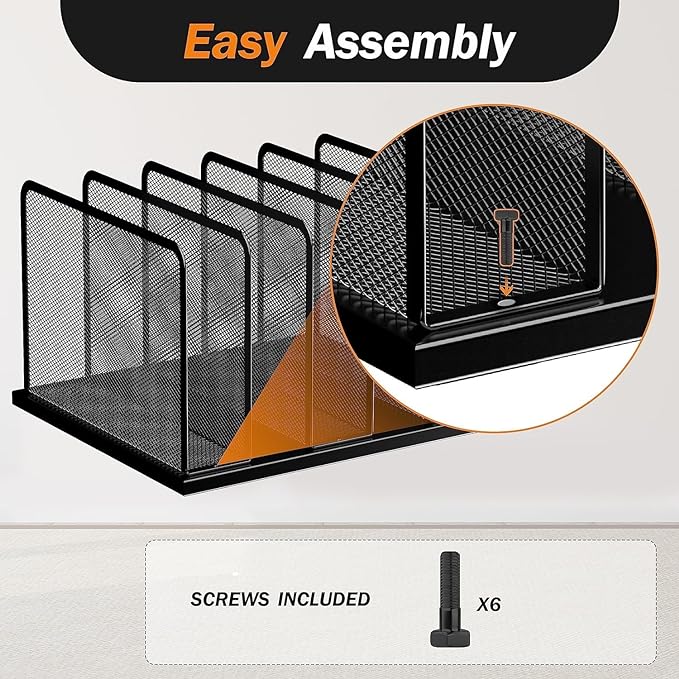 Kuntine.B Desk File Organizer Upright Mesh Desktop Organizer File Sorter Office Organization File Holder for Home, Office & Classroom (Black, 1 Pack 5-Section)